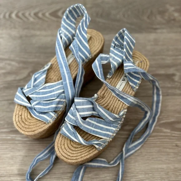 Zara Shoes Zara Platform Tie Blue And White Striped Jute